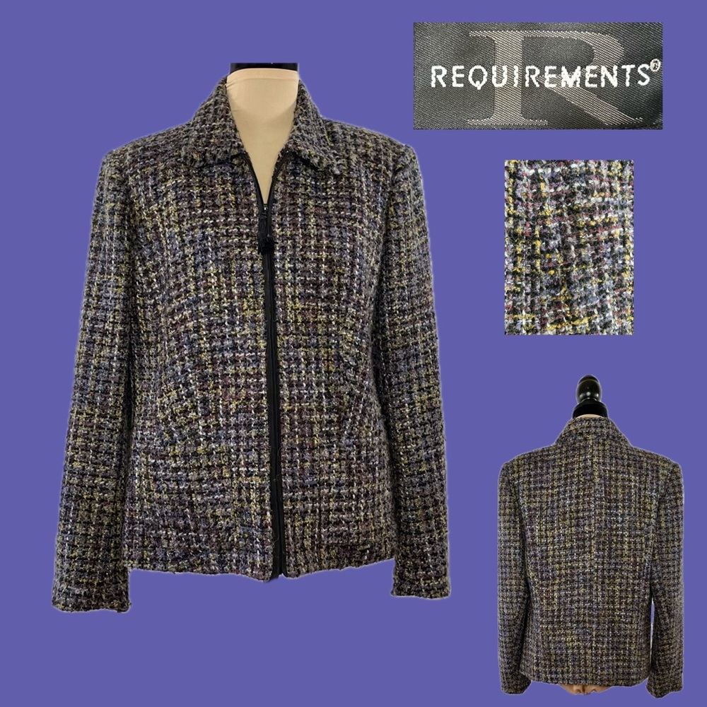 Requirements Women's Elegant Tweed Blazer, Front zipper, pockets, purple size 14